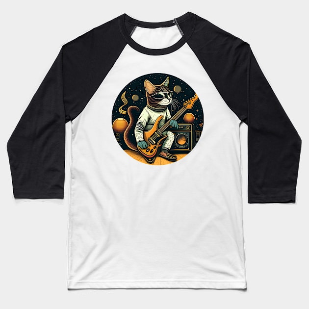 Musician Cat Space Galaxy - Cat Playing Guitar Baseball T-Shirt by Synithia Vanetta Williams